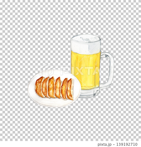 一幅簡單的開胃菜插圖,描繪了一杯手繪水彩啤酒和一盤六個餃子。 一幅簡單的開胃菜插圖,描繪了一杯手繪水彩啤酒和一盤六個餃子。 139192710