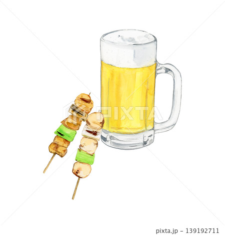 手描き水彩のジョッキビールと焼き鳥2本のシンプルなおつまみイラスト 手描き水彩のジョッキビールと焼き鳥2本のシンプルなおつまみイラスト 139192711