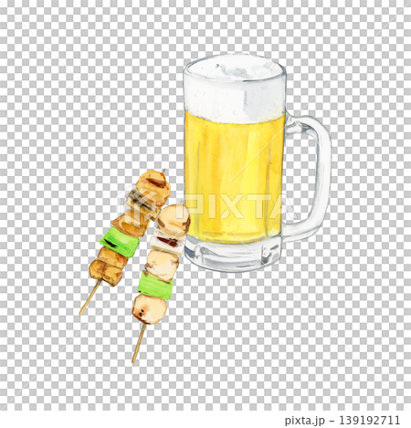 手描き水彩のジョッキビールと焼き鳥2本のシンプルなおつまみイラスト 手描き水彩のジョッキビールと焼き鳥2本のシンプルなおつまみイラスト 139192711