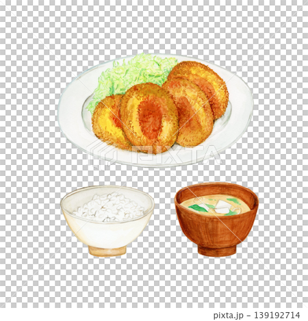 手繪水彩插圖，描繪了炸丸子套餐（含米飯、味噌湯和4個炸丸子） 139192714