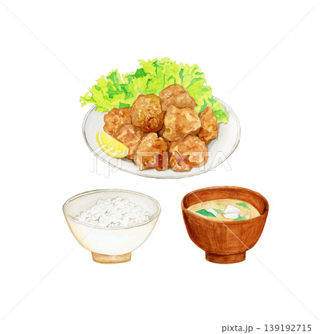 手描き水彩の唐揚げ定食イラスト(ご飯・味噌汁付き和食) 手描き水彩の唐揚げ定食イラスト(ご飯・味噌汁付き和食) 139192715