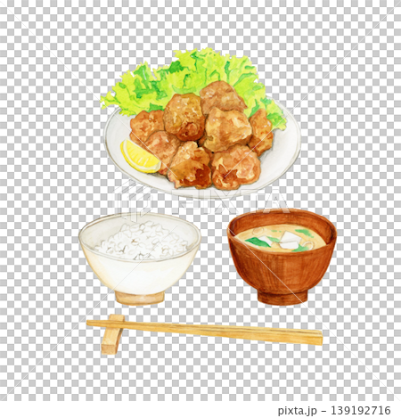 手描き水彩の唐揚げ定食と箸のイラスト(ご飯・味噌汁・箸置き付き和食) 手描き水彩の唐揚げ定食と箸のイラスト(ご飯・味噌汁・箸置き付き和食) 139192716