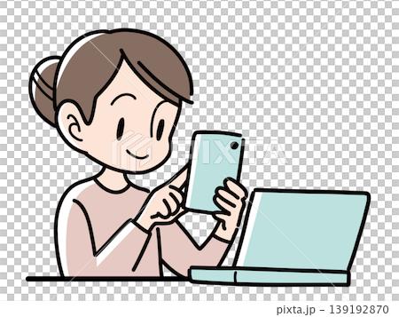 An illustration of the upper body of a woman smiling and using a smartphone in front of a laptop. 139192870