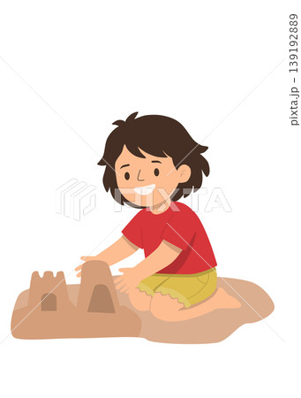 Cute child building sandcastle playing on beach summer activity 139192889
