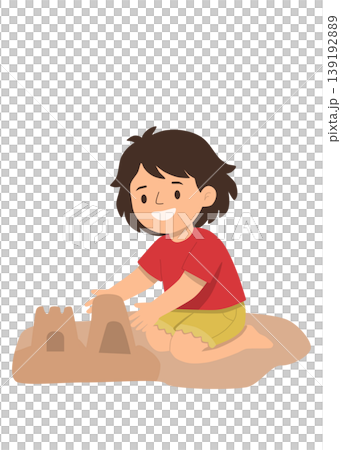 Cute child building sandcastle playing on beach summer activity 139192889