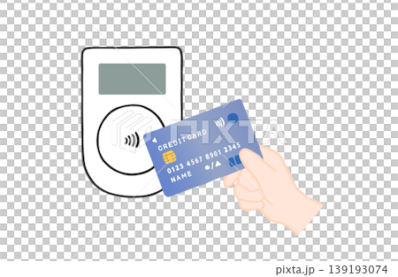 Illustration of a person making a contactless payment with a credit card; illustration of a person holding a card over a contactless payment terminal. 139193074