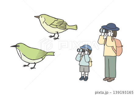 野鳥観察/バードウォッチングをしている親子のセットイラスト/メジロとウグイスの観察をしている女性と子 野鳥観察/バードウォッチングをしている親子のセットイラスト/メジロとウグイスの観察をしている女性と子 139193165