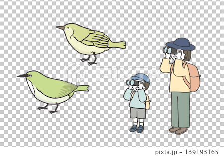 野鳥観察/バードウォッチングをしている親子のセットイラスト/メジロとウグイスの観察をしている女性と子 野鳥観察/バードウォッチングをしている親子のセットイラスト/メジロとウグイスの観察をしている女性と子 139193165