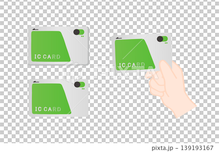 Illustration of a transportation IC card; illustration of a person holding a transportation IC card and holding it up to a reader. Illustration of a transportation IC card; illustration of a person holding a transportation IC card and holding it up to a reader. 139193167