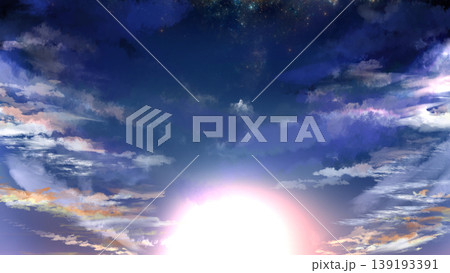 幻想的な星空と夕焼けの空の背景素材 光が広がるドラマチックな雲とグラデーション空 コピースペース 139193391