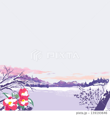 季節の風景イラスト(冬)雪をかぶった椿のある風景 季節の風景イラスト(冬)雪をかぶった椿のある風景 139193646