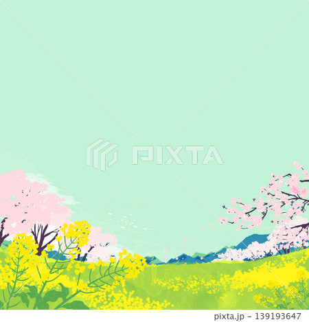 季節の風景イラスト(春)満開の桜と菜の花畑 季節の風景イラスト(春)満開の桜と菜の花畑 139193647