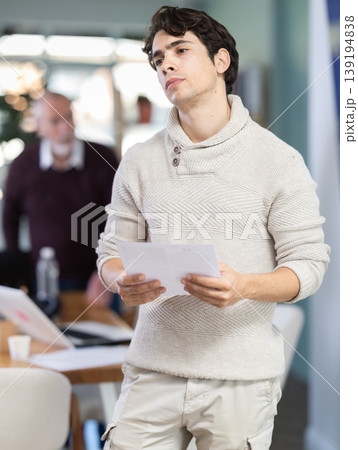 Sad guy subordinate with dismissal statement is criticized by his senior male superiors 139194838