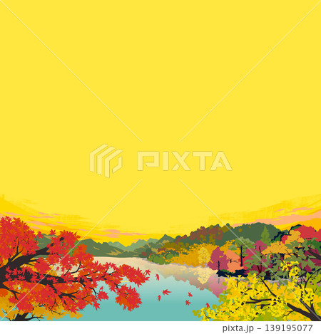 季節の風景イラスト（秋）紅葉の訪れた山と湖 139195077