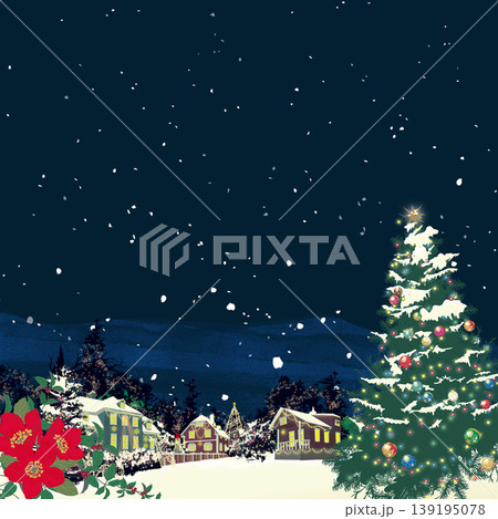 季節の風景イラスト（冬）イルミネーションが美しいクリスマスの夜の街並み 139195078