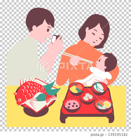 【ライフステージ】赤ちゃんのお食い初め(百日祝い)をするパパとママのイラスト素材 【ライフステージ】赤ちゃんのお食い初め(百日祝い)をするパパとママのイラスト素材 139195182