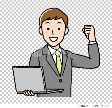 Businessman, laptop, victory pose, success, motivation, business person illustration Businessman, laptop, victory pose, success, motivation, business person illustration 139195277