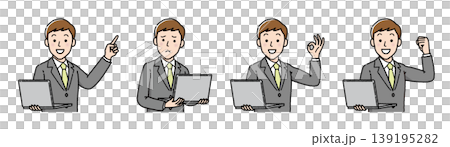 Businessman with laptop, set of facial expressions: pointing, troubled, OK, victory pose, business person illustration. Businessman with laptop, set of facial expressions: pointing, troubled, OK, victory pose, business person illustration. 139195282