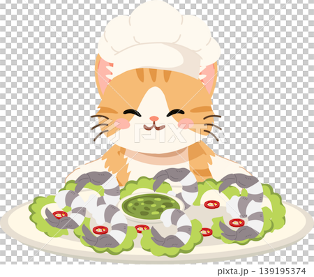adorable cat chef preparing seafood meal shrimp appetizer 139195374