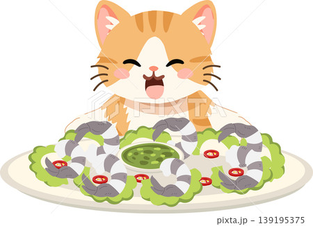cute cat eating shrimp salad. kawaii cartoon cat with shrimp salad and chili dipping sauce cute cat eating shrimp salad. kawaii cartoon cat with shrimp salad and chili dipping sauce 139195375