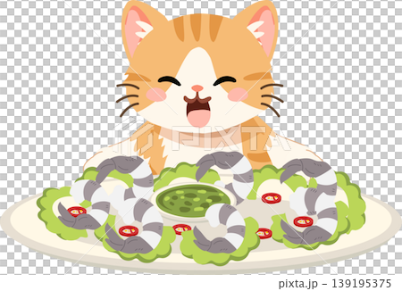 cute cat eating shrimp salad. kawaii cartoon cat with shrimp salad and chili dipping sauce 139195375