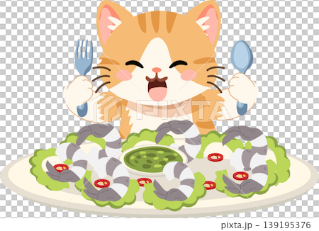 cute cartoon cat eating shrimp with fork and spoon at a seafood meal, placed on a plate with salad and sauce 139195376