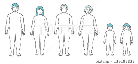 肥満体型の全世代の全身イラストセット（正面） 139195835
