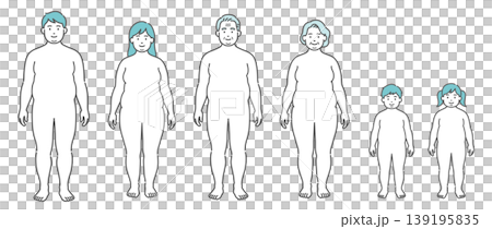 肥満体型の全世代の全身イラストセット（正面） 139195835