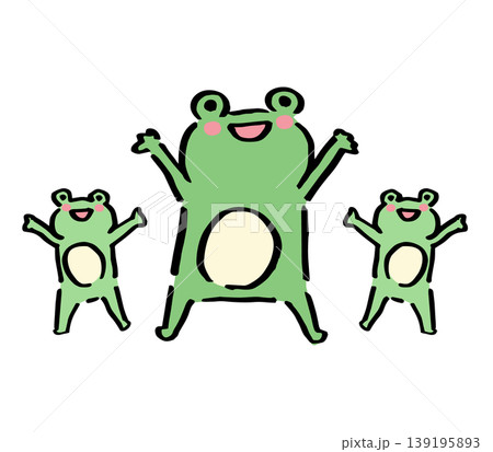 手を上げてポーズをとる三匹のカエルの親子の手描きイラスト 手を上げてポーズをとる三匹のカエルの親子の手描きイラスト 139195893