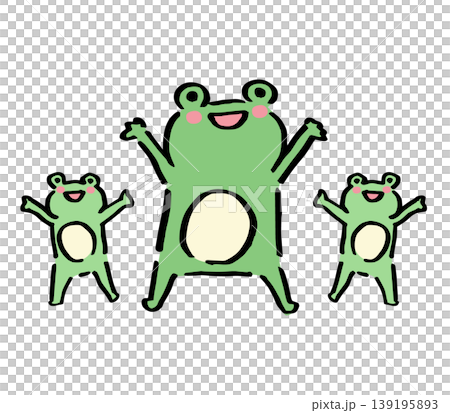 手を上げてポーズをとる三匹のカエルの親子の手描きイラスト 手を上げてポーズをとる三匹のカエルの親子の手描きイラスト 139195893