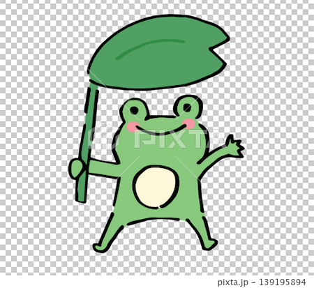 葉っぱの傘をさすカエルの手描きイラスト 139195894