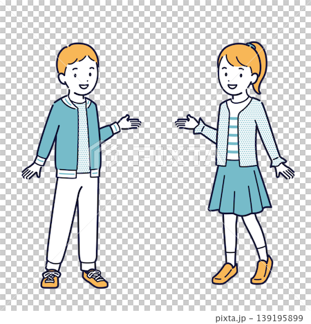 一組描繪一對快樂男孩女孩互相介紹的插圖。 139195899