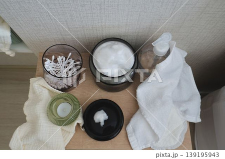 Skincare and wellness products arranged for daily beauty routine 139195943