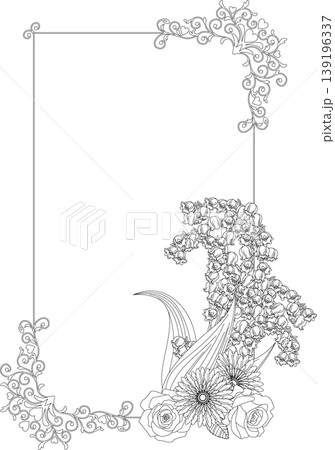 ビンテージカリグラフィー風フレーム素材289＜花（鈴蘭薔薇他）飾り罫・飾り枠・白黒・モノクロ＞ 139196337