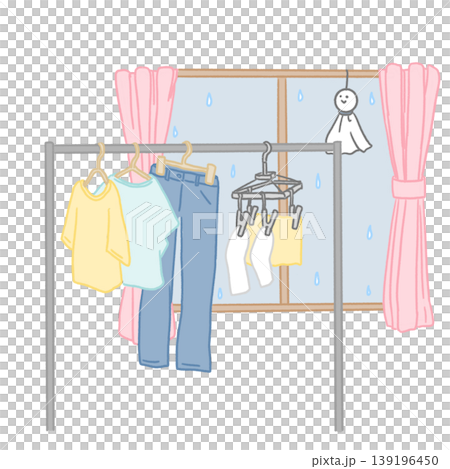 An illustration (with colored lines) of a scene where laundry is being hung to dry indoors. 139196450