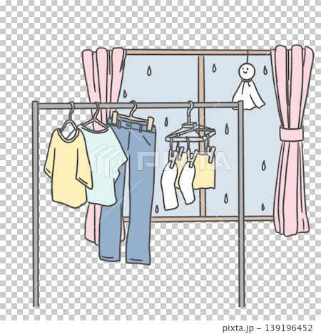 An illustration of a scene where laundry is being hung to dry indoors. An illustration of a scene where laundry is being hung to dry indoors. 139196452