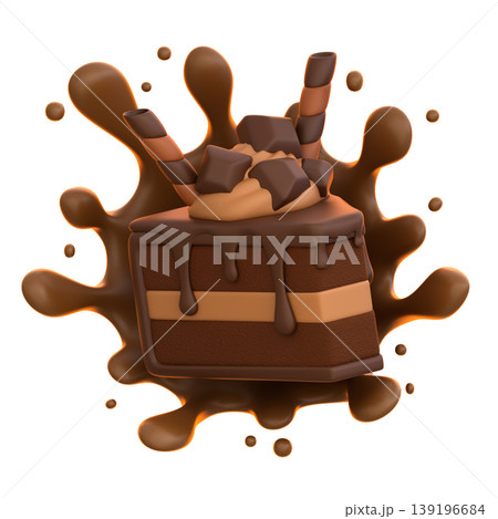 Chocolate Cake Slice 3D Icon, Glossy Chocolate Splash Dessert Illustration for UI UX, Food Apps, Website Landing Pages, Social Media and E-commerce 139196684