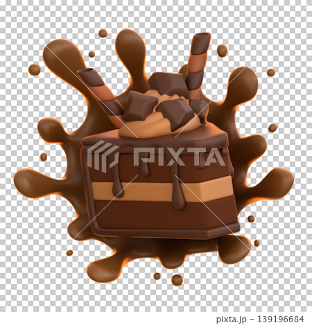 Chocolate Cake Slice 3D Icon, Glossy Chocolate Splash Dessert Illustration for UI UX, Food Apps, Website Landing Pages, Social Media and E-commerce 139196684