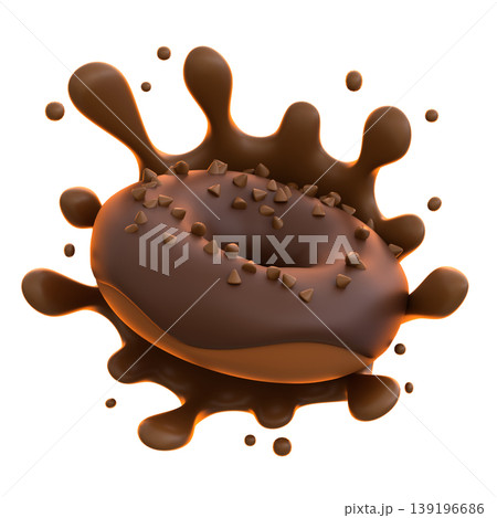 Chocolate Donut 3D Icon, Glossy Chocolate Splash Dessert Illustration for UI UX, Food Apps, Website Landing Pages, Social Media and E-commerce 139196686