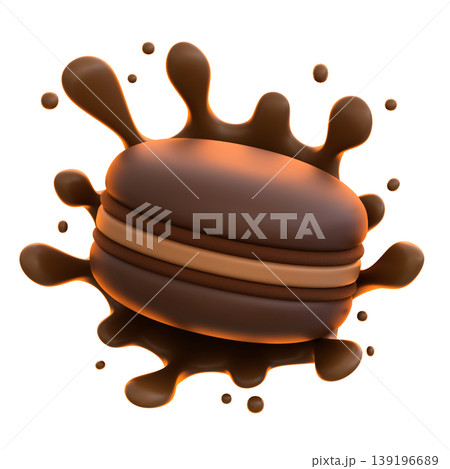 Chocolate Macaron 3D Icon, Glossy Chocolate Splash Dessert Illustration for UI UX, Food Apps, Website Landing Pages, Social Media and E-commerce 139196689