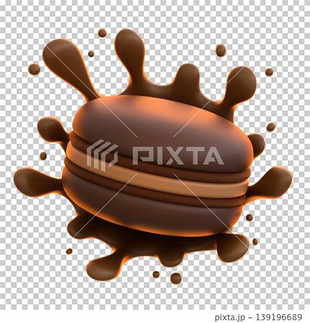Chocolate Macaron 3D Icon, Glossy Chocolate Splash Dessert Illustration for UI UX, Food Apps, Website Landing Pages, Social Media and E-commerce 139196689