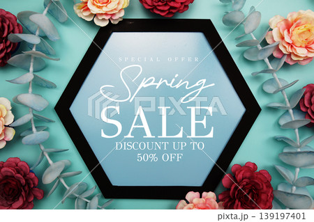 Spring Sale up to 50% Off text on hexagon background with beautiful flowers blooming Spring Sale up to 50% Off text on hexagon background with beautiful flowers blooming 139197401