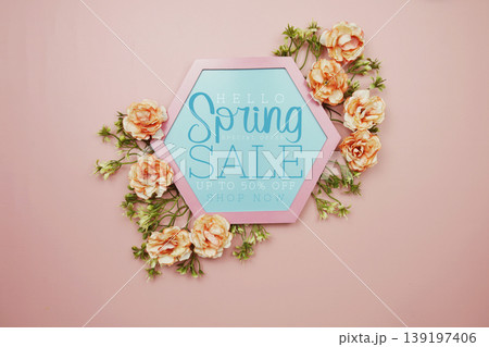 Spring Sale text on hexagon background with beautiful flowers blooming Spring Sale text on hexagon background with beautiful flowers blooming 139197406