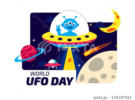 World UFO Day Vector Illustration Alien Spaceship Abduction Scene In Outer Space With Planets Night Sky Sci Fi Theme Modern Flat Design World UFO Day Vector Illustration Alien Spaceship Abduction Scene In Outer Space With Planets Night Sky Sci Fi Theme Modern Flat Design 139197582