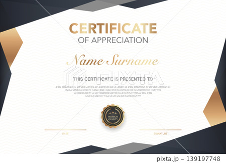 Modern elegant luxury certificate of appreciation template design with black and gold border, premium seal. Blank diploma vector for award, graduation, achievement recognition, or completion. Modern elegant luxury certificate of appreciation template design with black and gold border, premium seal. Blank diploma vector for award, graduation, achievement recognition, or completion. 139197748
