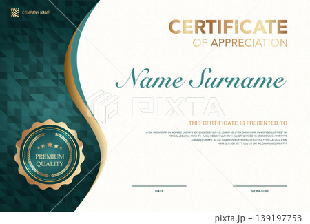 Modern certificate of appreciation template with elegant gold and green design, premium quality badge, customizable name and signature area, perfect for awards, achievement or recognition. Modern certificate of appreciation template with elegant gold and green design, premium quality badge, customizable name and signature area, perfect for awards, achievement or recognition. 139197753