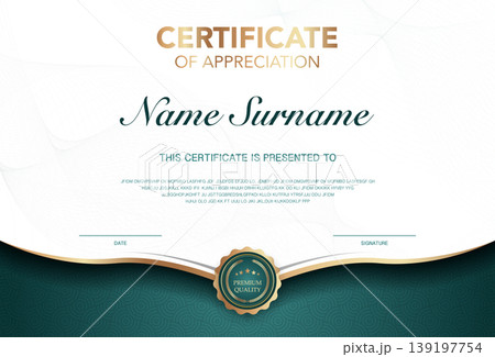 Modern certificate of appreciation template with elegant gold and green design, premium quality badge, customizable name and signature area, perfect for awards, achievement or recognition. Modern certificate of appreciation template with elegant gold and green design, premium quality badge, customizable name and signature area, perfect for awards, achievement or recognition. 139197754