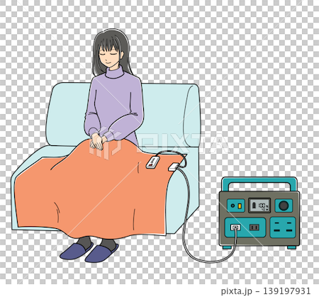 ポータブル電源につないで電気毛布を使用している女性 139197931