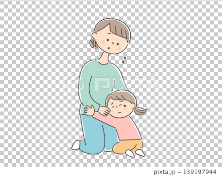 A child clinging to its anxious mother A child clinging to its anxious mother 139197944