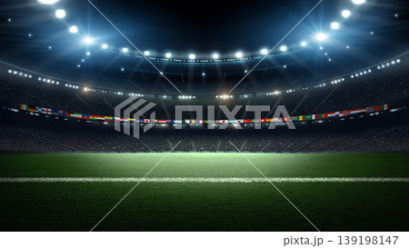 Stadium with National Flags at night : 2026 Tournament Concept. Stadium with National Flags at night : 2026 Tournament Concept. 139198147